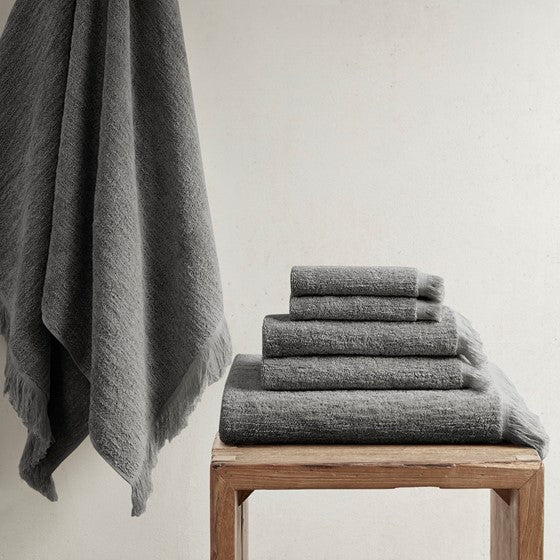 Olliix.com Bath Towels - Cotton Dobby Slub 6 Piece Towel Set Charcoal