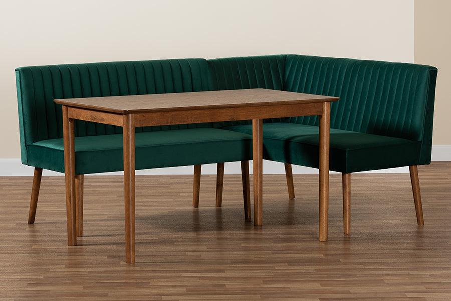 Wholesale Interiors Dining Sets - Alvis Emerald Green Velvet Upholstered and Walnut Brown Finished Wood 3-Piece Dining Nook Set