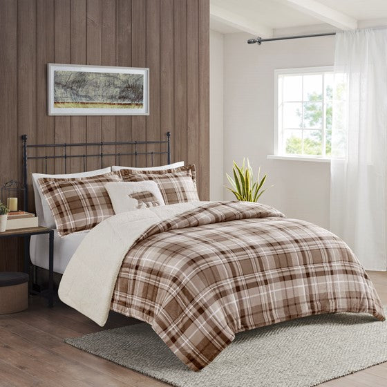Olliix.com Comforters & Blankets - Plush to Sherpa Down Alternative Comforter Set Tan Plaid King