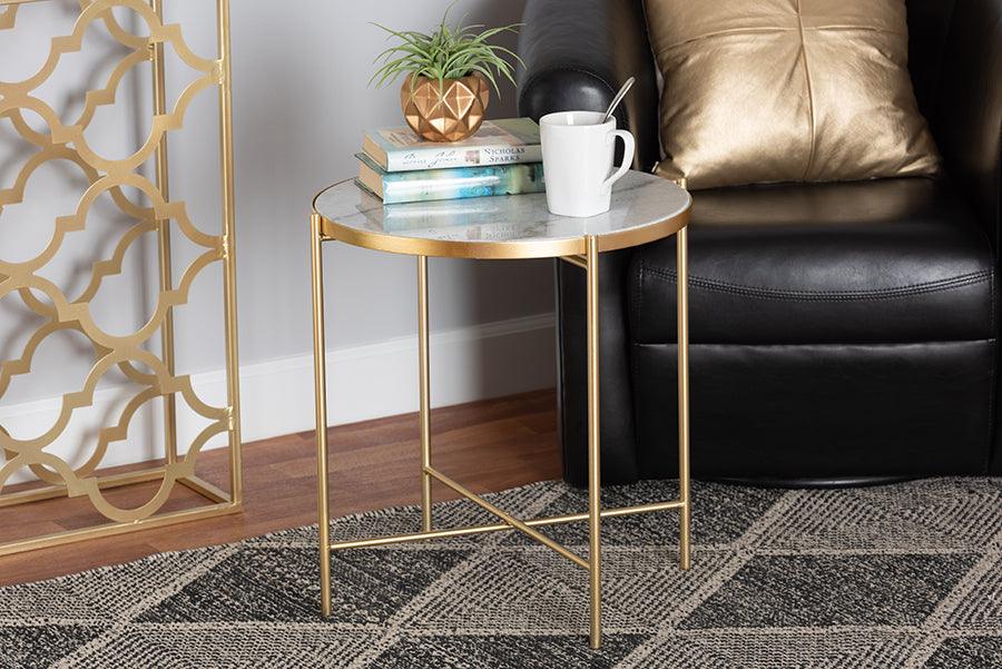 Wholesale Interiors Side & End Tables - Maddock Gold Finished Metal End Table with Marble Tabletop