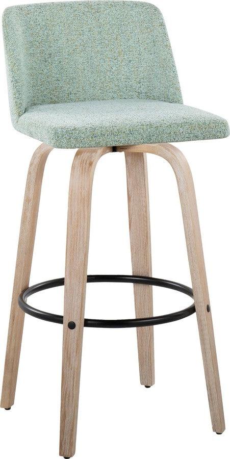 Lumisource Barstools - Toriano 30" Fixed Height Barstool With Swivel In White-Washed Wood & Light Green Fabric (Set of 2)