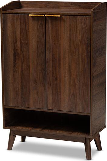 Wholesale Interiors Shoe Storage - Lena Mid-Century Modern Walnut Brown Finished 5-Shelf Wood Entryway Shoe Cabinet