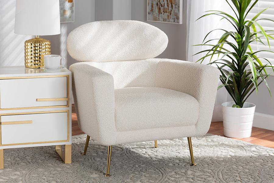 Wholesale Interiors Accent Chairs - Fantasia Modern and Contemporary Ivory Boucle Upholstered and Gold Metal Armchair