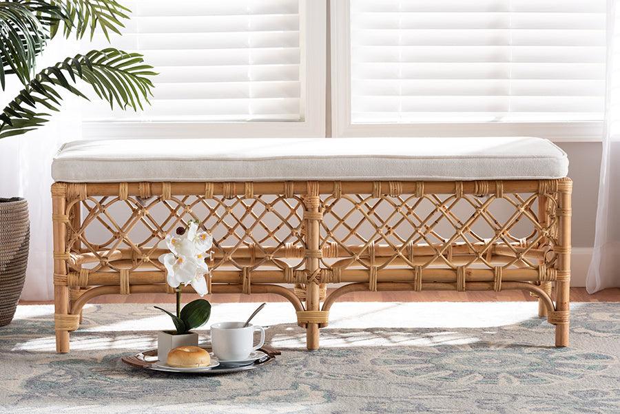 Wholesale Interiors Benches - Orchard Modern Bohemian White Fabric Upholstered and Natural Brown Rattan Bench