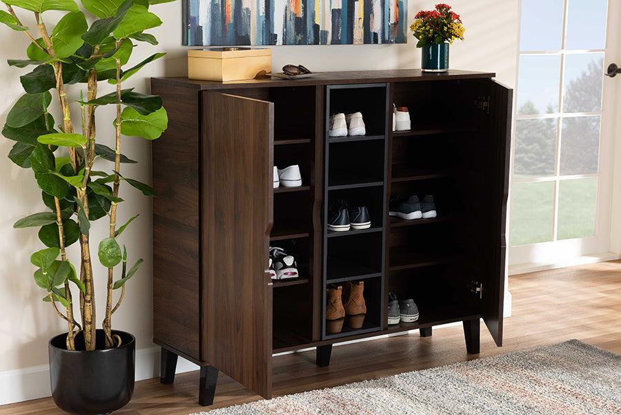 Wholesale Interiors Shoe Storage - Idina Mid-Century Modern Two-Tone Walnut Brown and Grey Wood 2-Door Shoe Cabinet