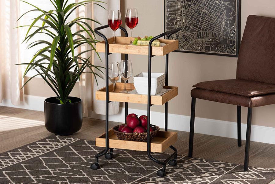 Wholesale Interiors Kitchen & Bar Carts - Baxter Contemporary Oak Brown Wood and Black Metal 3-Tier Mobile Kitchen Cart