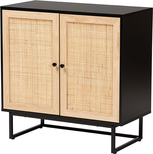 Wholesale Interiors Buffets & Cabinets - Declan Mid-Century Modern Espresso Brown Finished Wood and Natural Rattan 2-Door Storage Cabinet