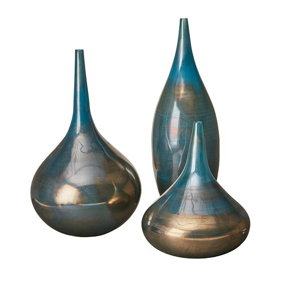 Olliix.com Vases - Blue and Bronze Decorative Glass Vases 3-piece set Blue Metal