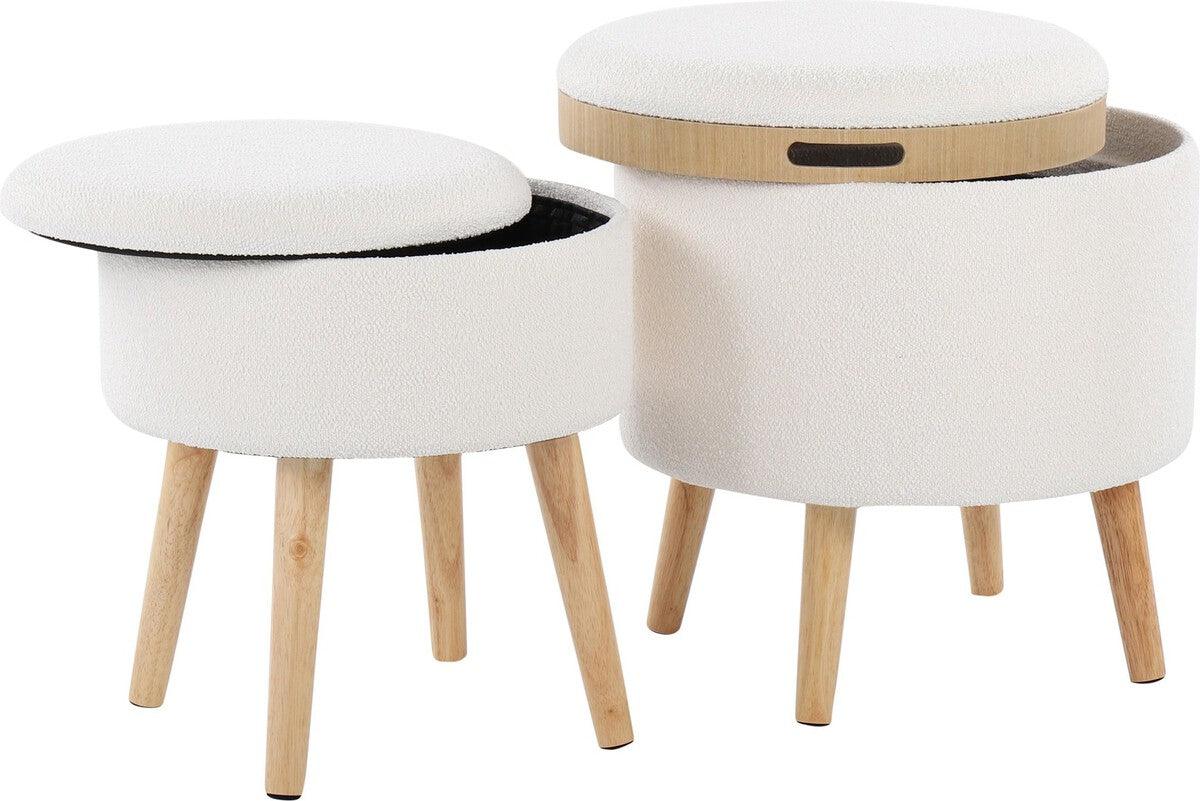 Lumisource Ottomans & Stools - Tray Storage Ottoman With Matching Stool In Textured Cream Fabric & Natural Wood Legs