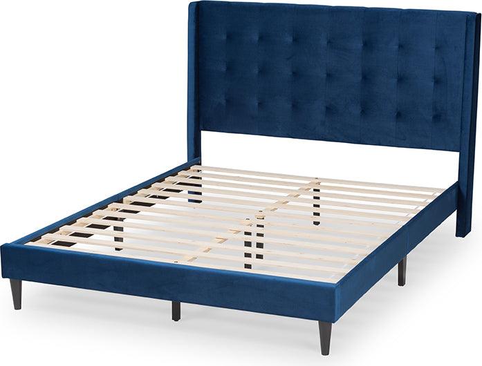 Wholesale Interiors Beds - Gothard Navy Blue Velvet Fabric Upholstered and Dark Brown Finished Wood Queen Size Platform Bed