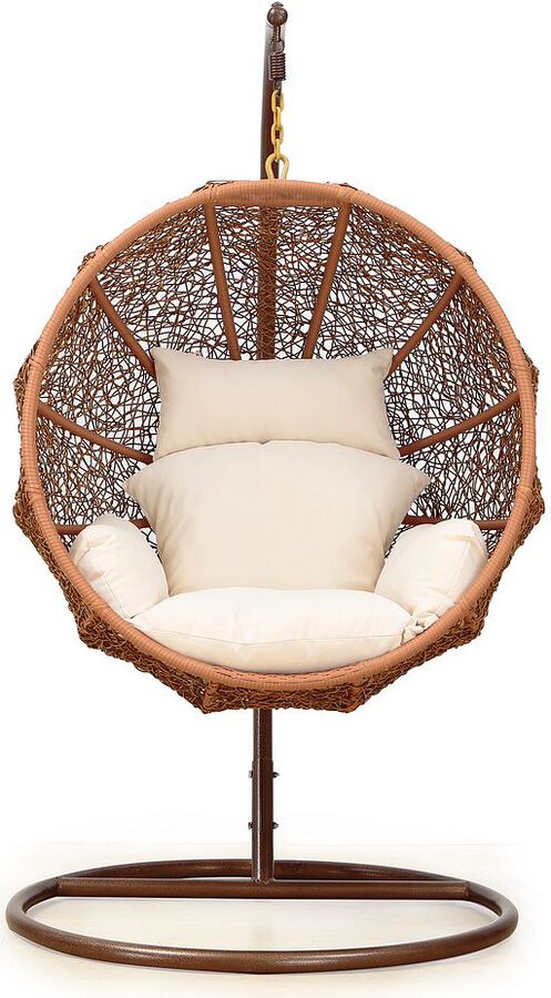 Manhattan Comfort Outdoor Chairs - Zolo Metal and Rattan Hanging Lounge Egg Patio Swing with Cream Cushion