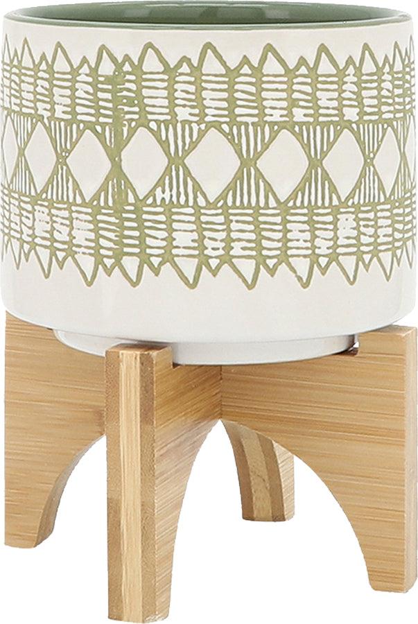 Sagebrook Home Planters - Ceremicamic Set Of 2 5/8" Aztec Planter On Wooden Stand Ol