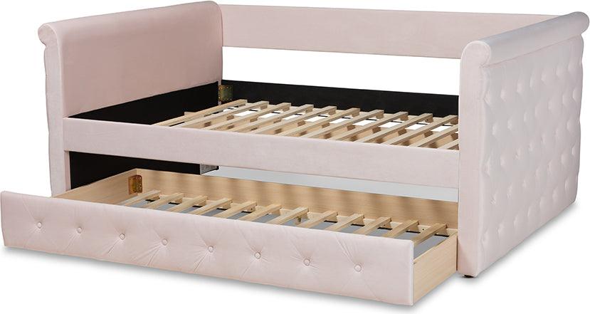 Wholesale Interiors Daybeds - Amaya Modern and Contemporary Light Pink Velvet Full Size Daybed with Trundle