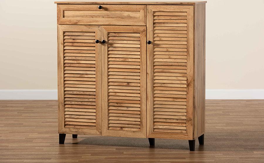 Wholesale Interiors Shoe Storage - Coolidge Oak Brown Finished Wood 3-Door Shoe Storage Cabinet with Drawer