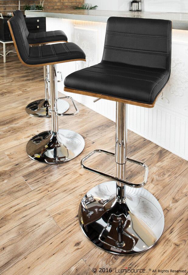 Lumisource Barstools - Vasari Mid-Century Modern Adjustable Barstool with Swivel in Walnut and Black Faux Leather