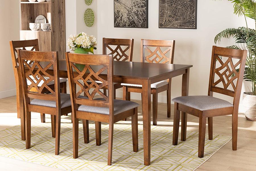 Wholesale Interiors Dining Sets - Nicolette Grey Fabric Upholstered and Walnut Brown Finished Wood 7-Piece Dining Set