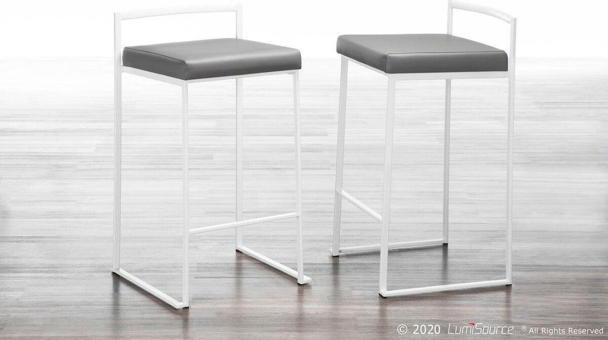 Lumisource Barstools - Fuji Contemporary Stackable Counter Stool in White with Grey Faux Leather Cushion - Set of 2