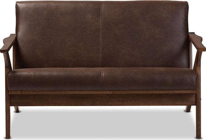 Wholesale Interiors Loveseats - Bianca Walnut Wood Dark Brown Distressed Faux Leather 2-Seater Loveseat
