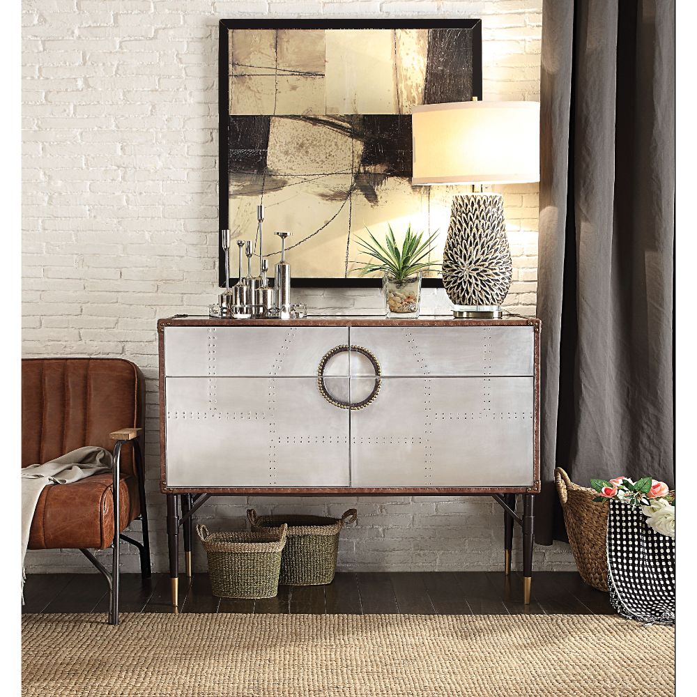 ACME Furniture TV & Media Units - Brancaster Console Table, Top Grain Leather & Aluminum