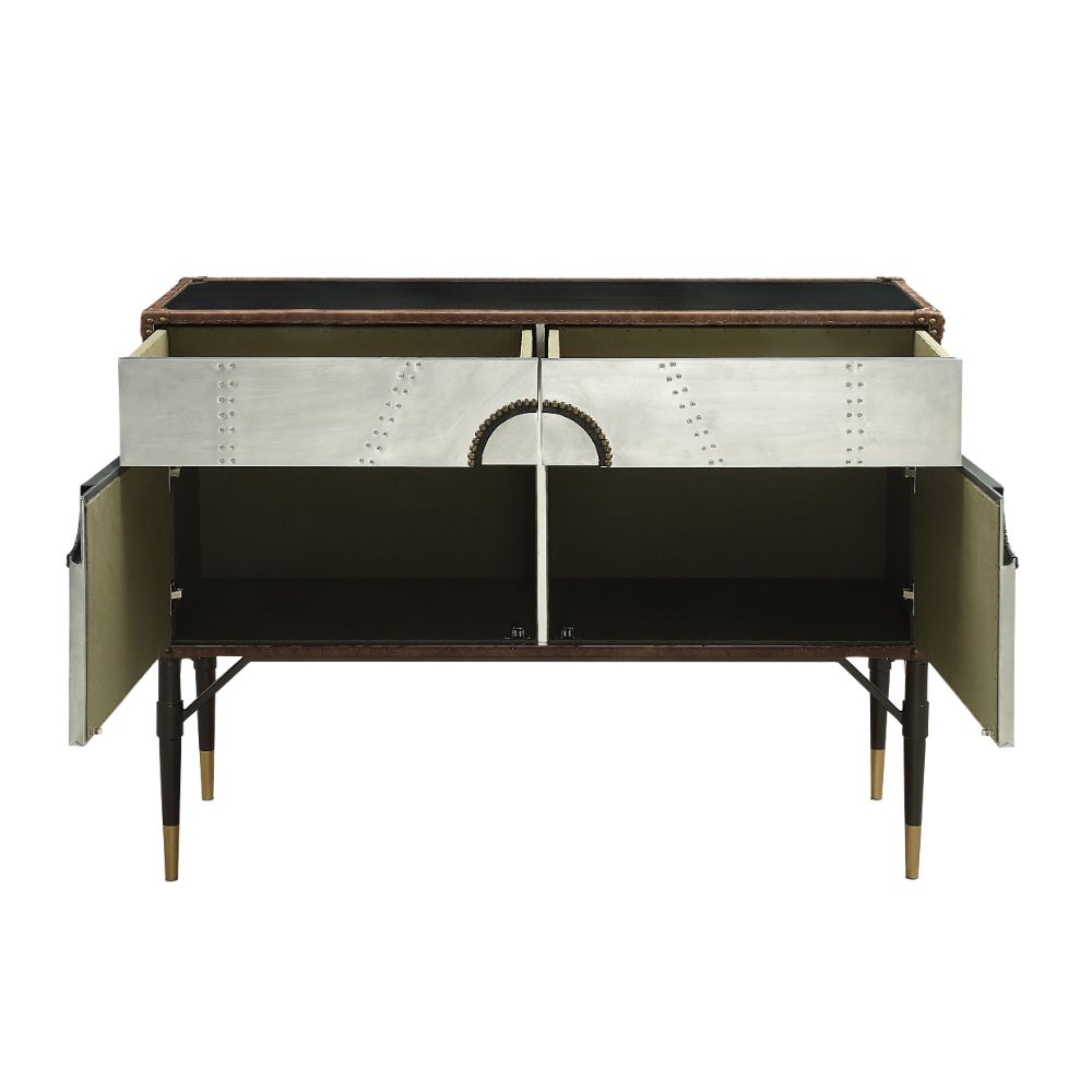 ACME Furniture TV & Media Units - Brancaster Console Table, Top Grain Leather & Aluminum