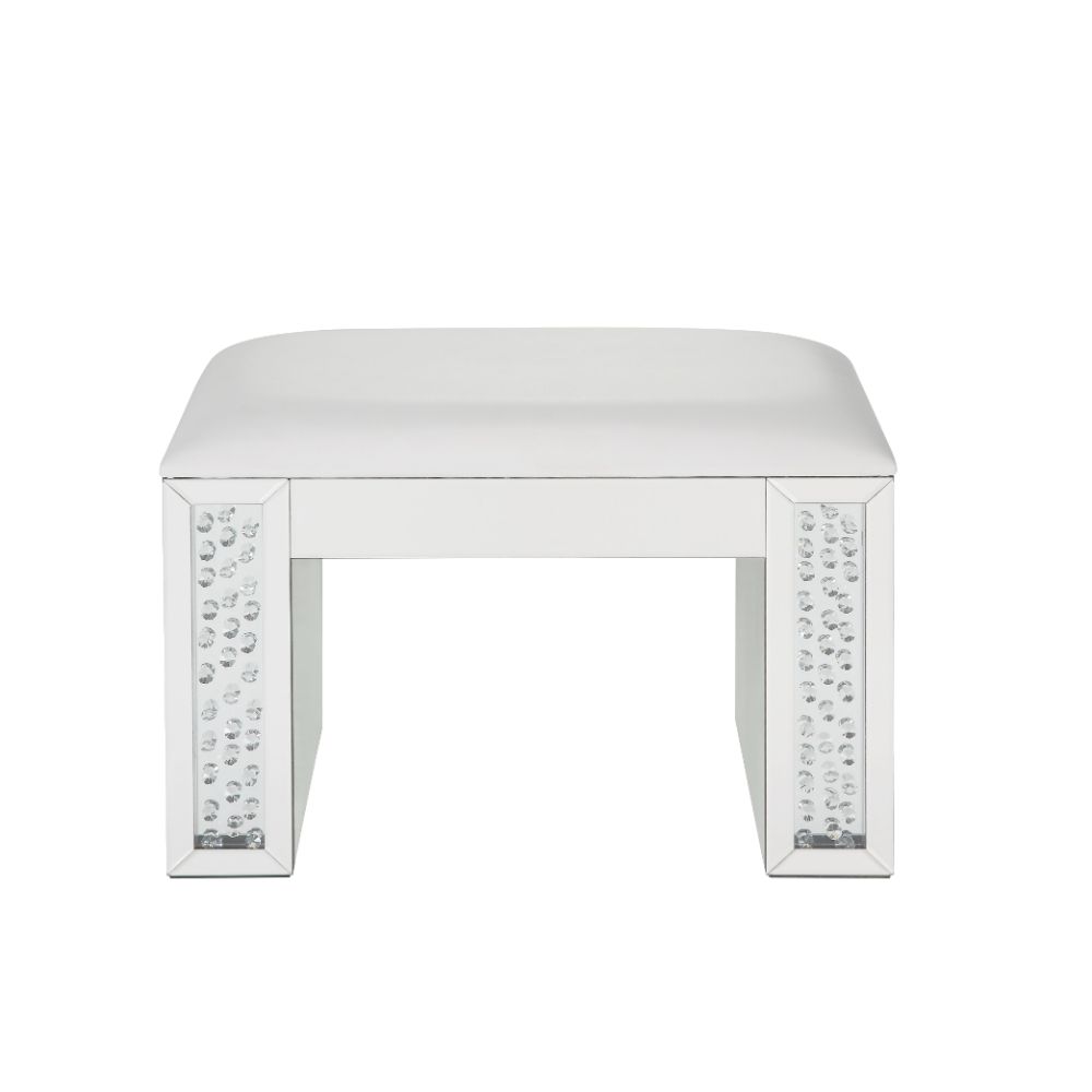 ACME Ottomans & Stools - ACME Nysa Vanity Stool, Ivory PU, Mirrored & Faux Crystals