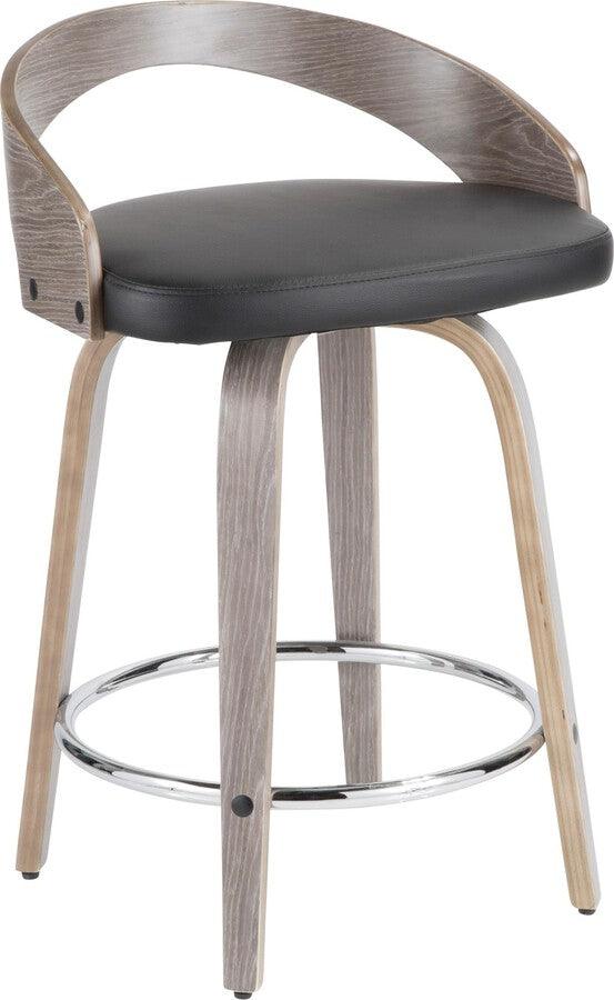 Lumisource Barstools - Grotto Mid-Century Modern Counter Stool with Light Grey Wood and Black Faux Leather - Set of 2