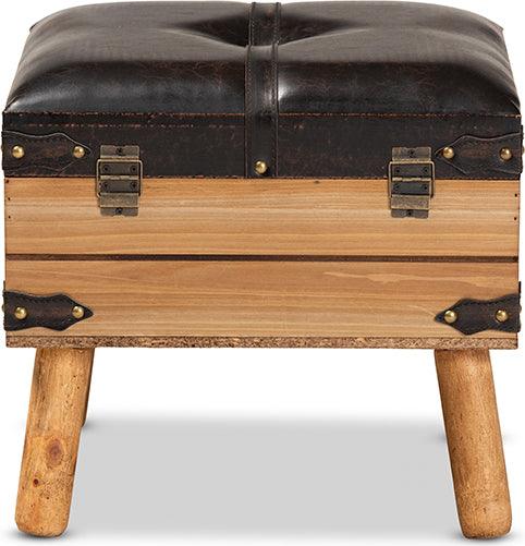 Wholesale Interiors Ottomans & Stools - Amena Rustic Dark Brown PU Leather Upholstered and Oak Finished Wood Small Storage Ottoman