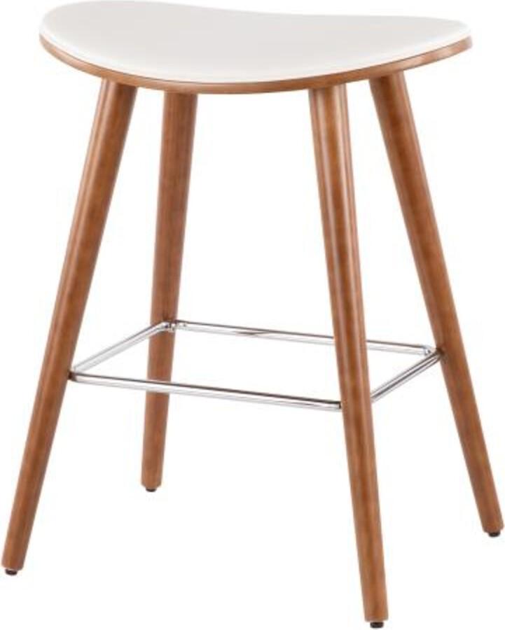 Lumisource Barstools - Saddle 26" Mid-Century Modern Counter Stool in Walnut & White Faux Leather - Set of 2