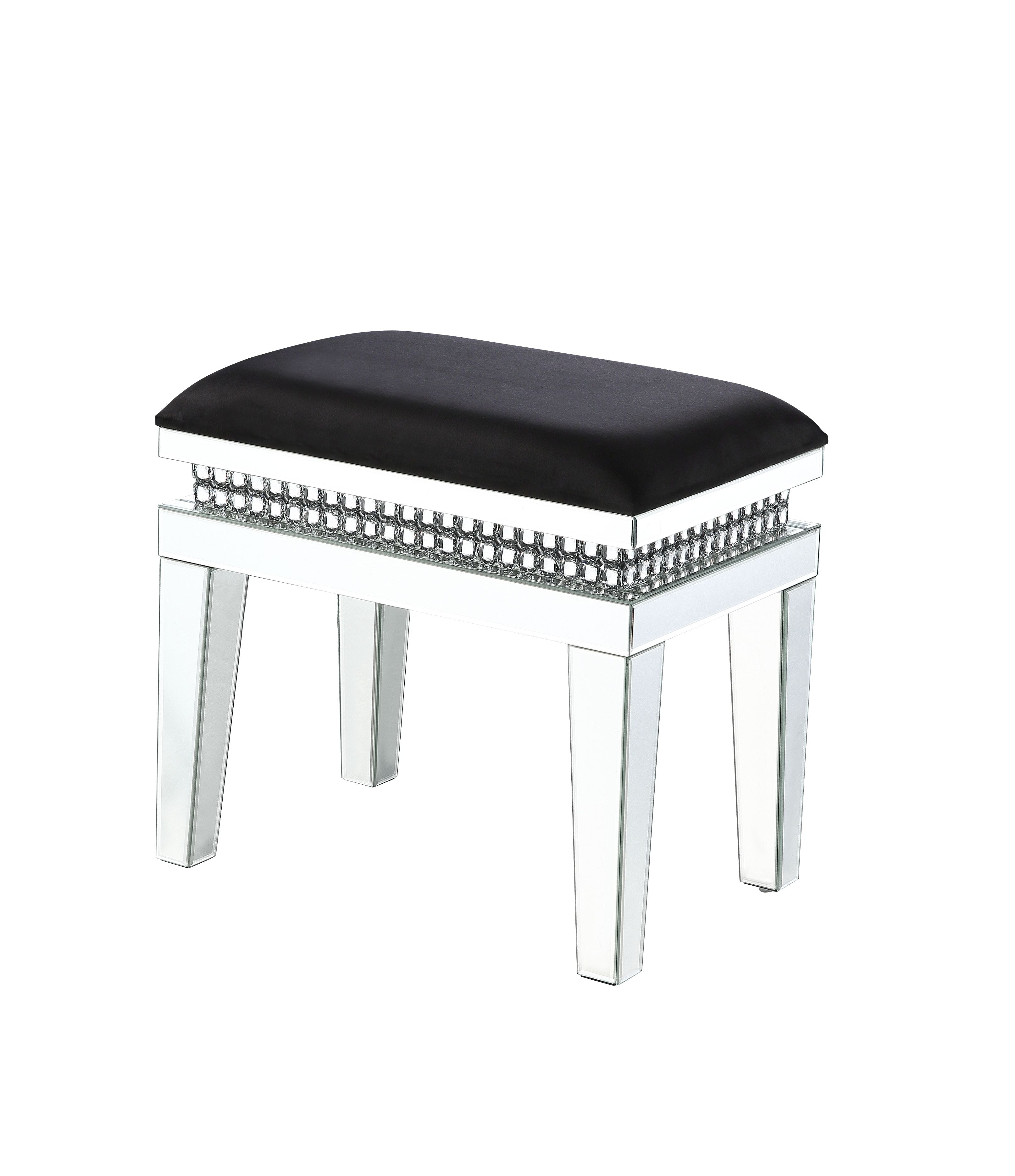 ACME Ottomans & Stools - ACME Lotus Vanity Stool, Black Fabric, Mirrored & Faux Crystals