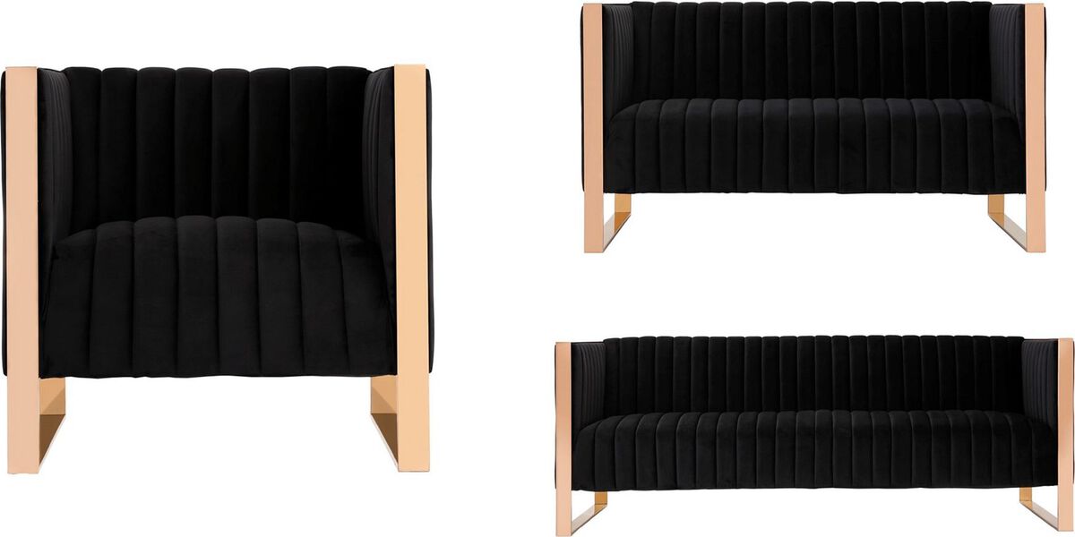 Manhattan Comfort Sofas & Couches - Trillium 3-Piece Black and Rose Gold Sofa, Loveseat and Armchair