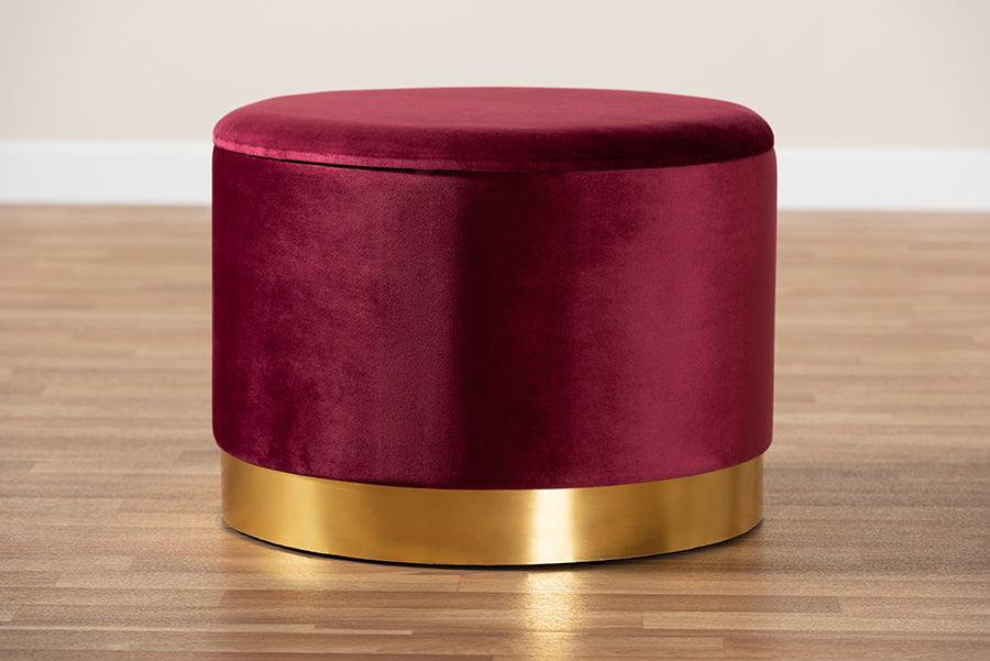 Wholesale Interiors Ottomans & Stools - Marisa Glam and Luxe Red Velvet Fabric Upholstered Gold Finished Storage Ottoman