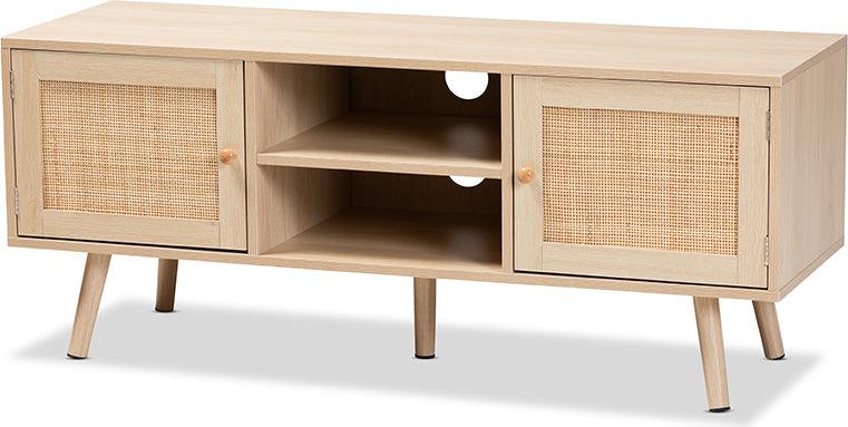 Wholesale Interiors TV & Media Units - Sebille Mid-Century Modern Light Brown Wood 2-Door TV Stand with Natural Rattan