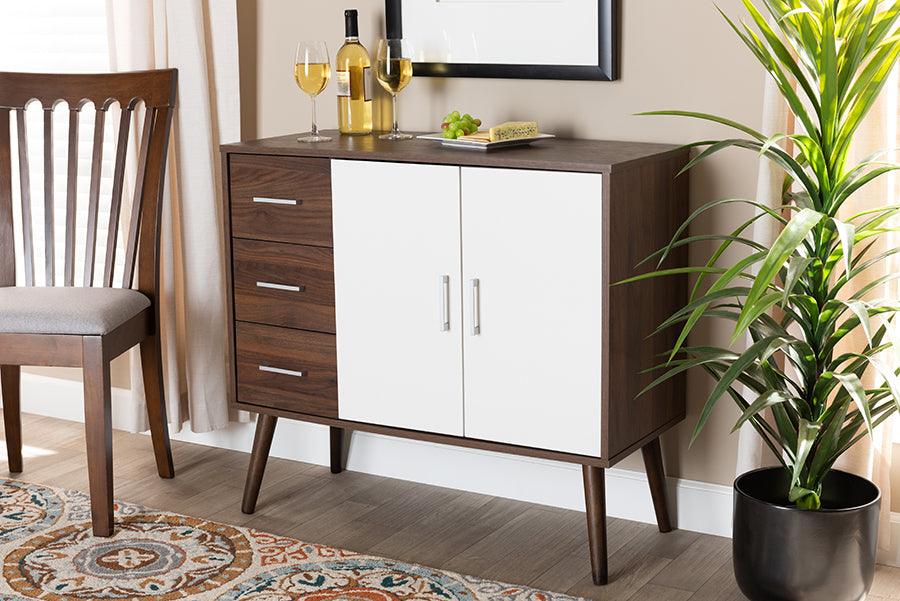 Wholesale Interiors Buffets & Cabinets - Leena Mid-Century Modern Two-Tone White and Walnut Brown Finished Wood 3-Drawer Sideboard Buffet