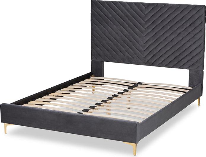 Wholesale Interiors Beds - Fabrico Glam and Luxe Grey Velvet Fabric Upholstered and Gold Metal Full Size Platform Bed