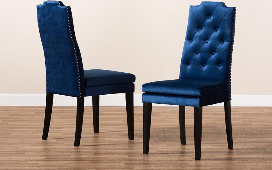 Wholesale Interiors Dining Chairs - Dylin Contemporary Navy Blue Velvet Wood Dining Chair Set of 2