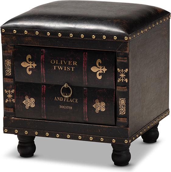 Wholesale Interiors Ottomans & Stools - Charlier Inspired Dark Brown Faux Leather Upholstered Wood Storage Ottoman With Book Spine Drawer