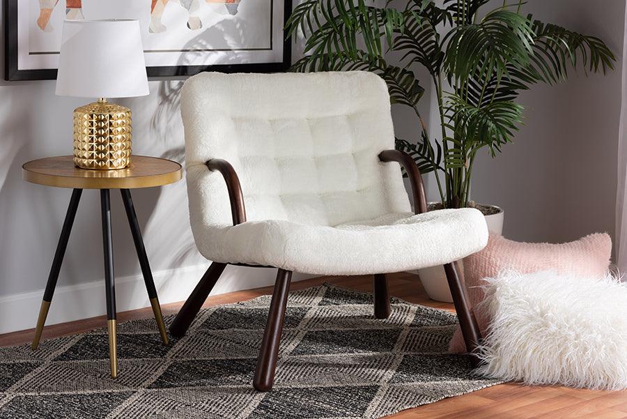 Wholesale Interiors Accent Chairs - Eisa Modern and Contemporary White Sherpa and Walnut Brown Wood Accent Chair