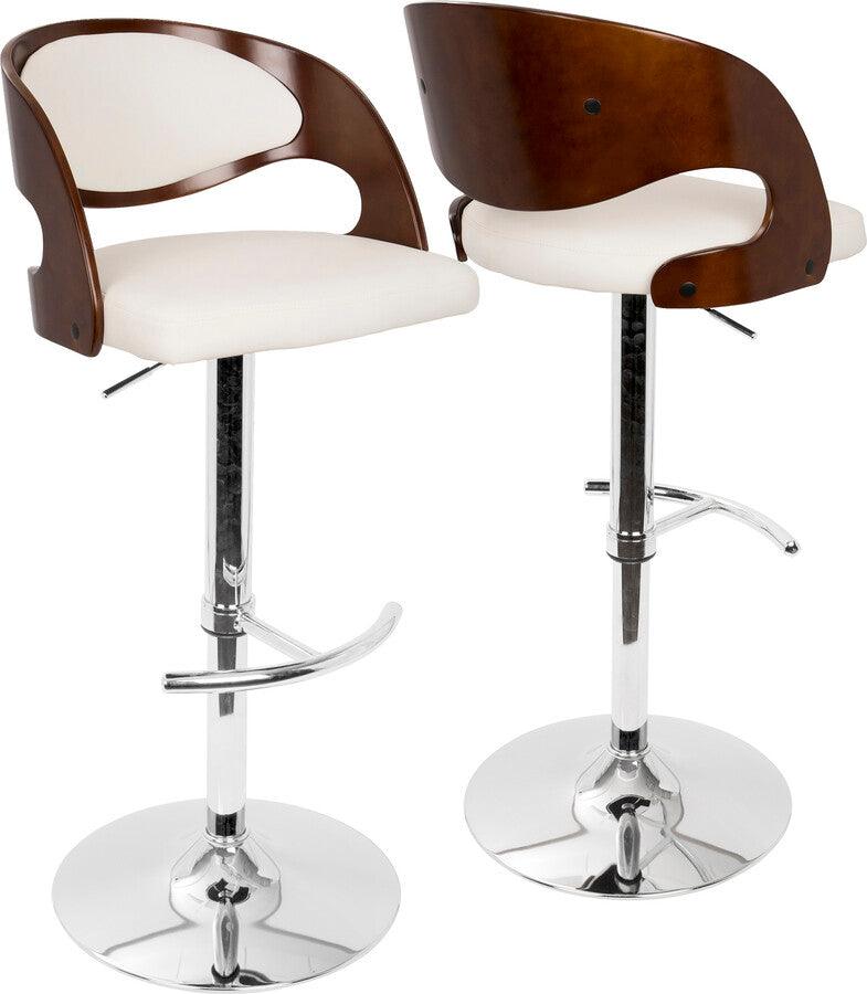 Lumisource Barstools - Pino Mid-Century Modern Adjustable Barstool with Swivel in Cherry and White Faux Leather
