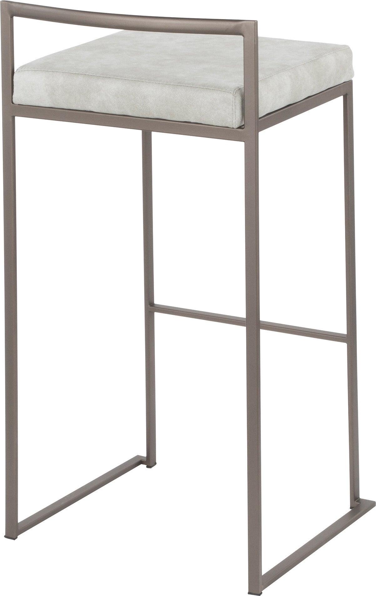 Lumisource Barstools - Fuji Industrial Stackable Barstool in Antique with Light Grey Cowboy Fabric Cushion (Set of 2)
