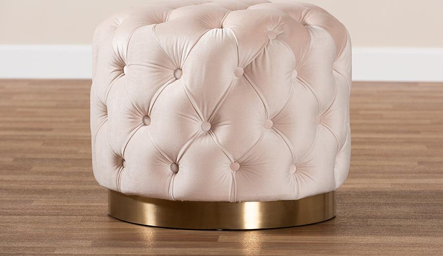 Wholesale Interiors Ottomans & Stools - Valeria Glam Light Beige Velvet Gold-Finished Button Tufted Ottoman