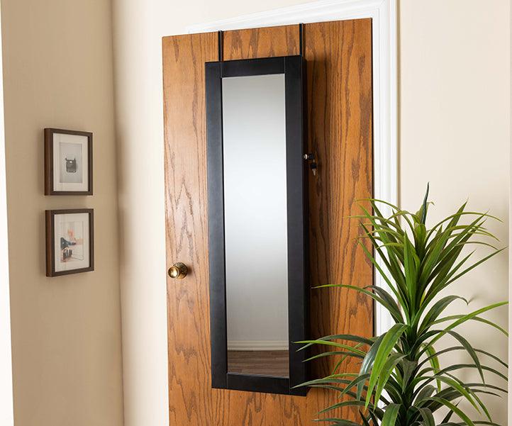 Wholesale Interiors Cabinets & Wardrobes - Richelle Modern and Contemporary Black Wood Hanging Jewelry Armoire with Mirror