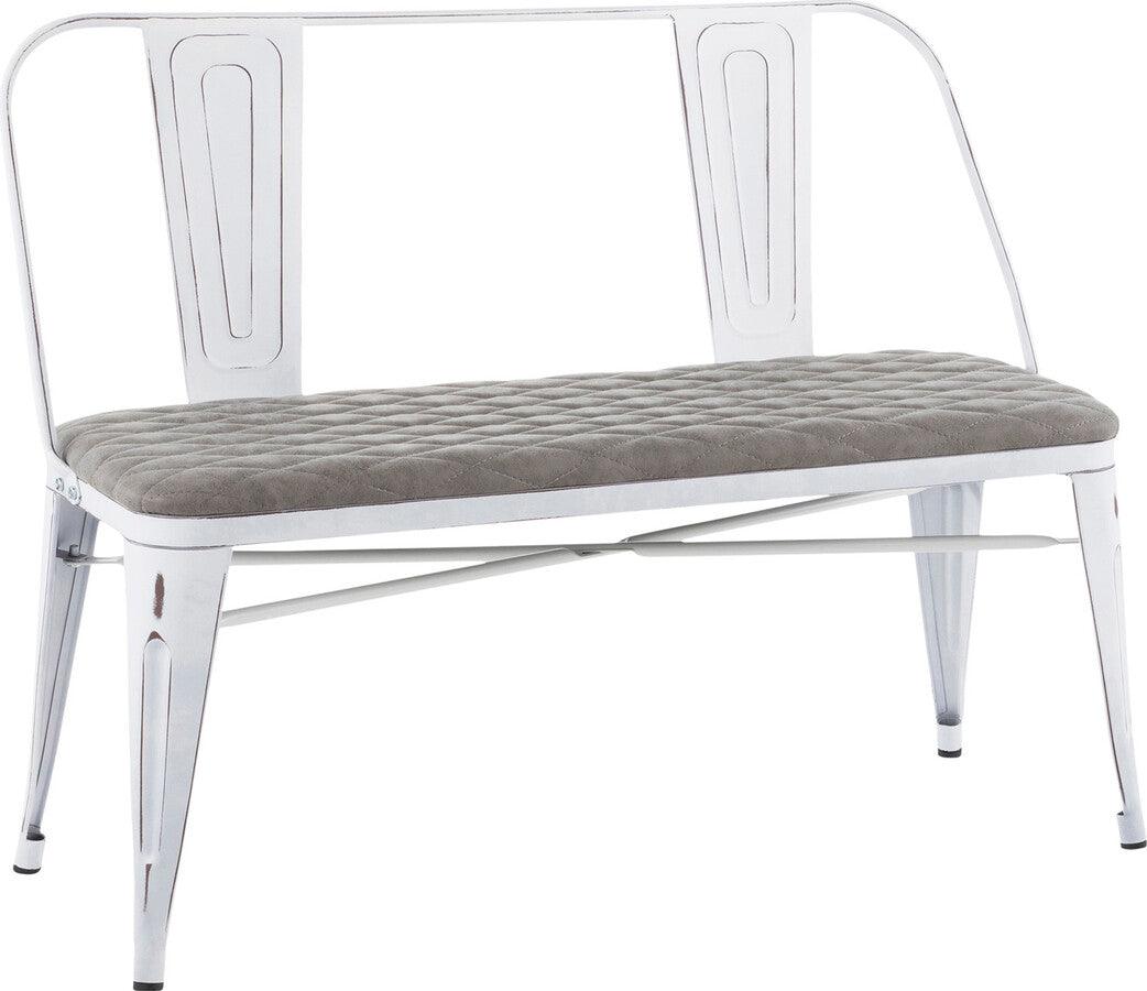 Lumisource Benches - Oregon Industrial Upholstered Bench in Vintage White Metal and Grey Cowboy Fabric