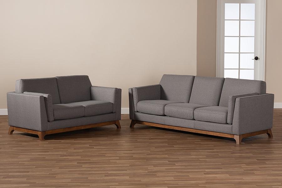 Wholesale Interiors Living Room Sets - Sava Mid-Century Modern Gray Fabric Upholstered Walnut Wood 2-Piece Living Room Set