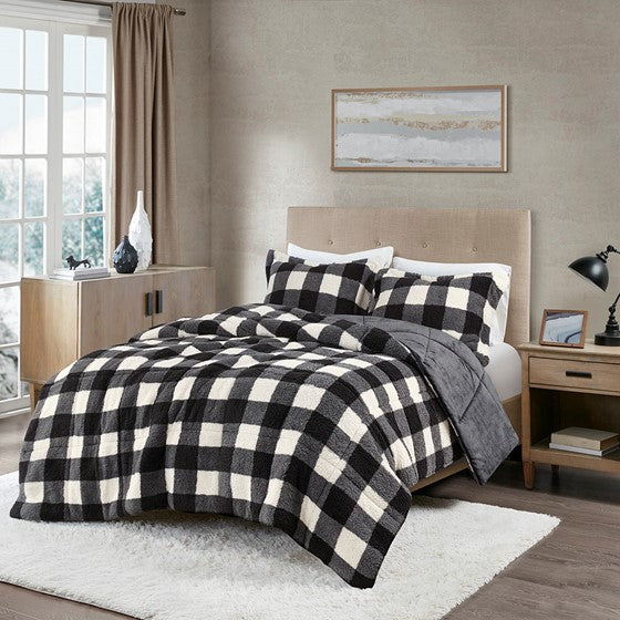 Olliix.com Comforters & Blankets - Print Sherpa Down Alternative Comforter Set Ivory/Black King