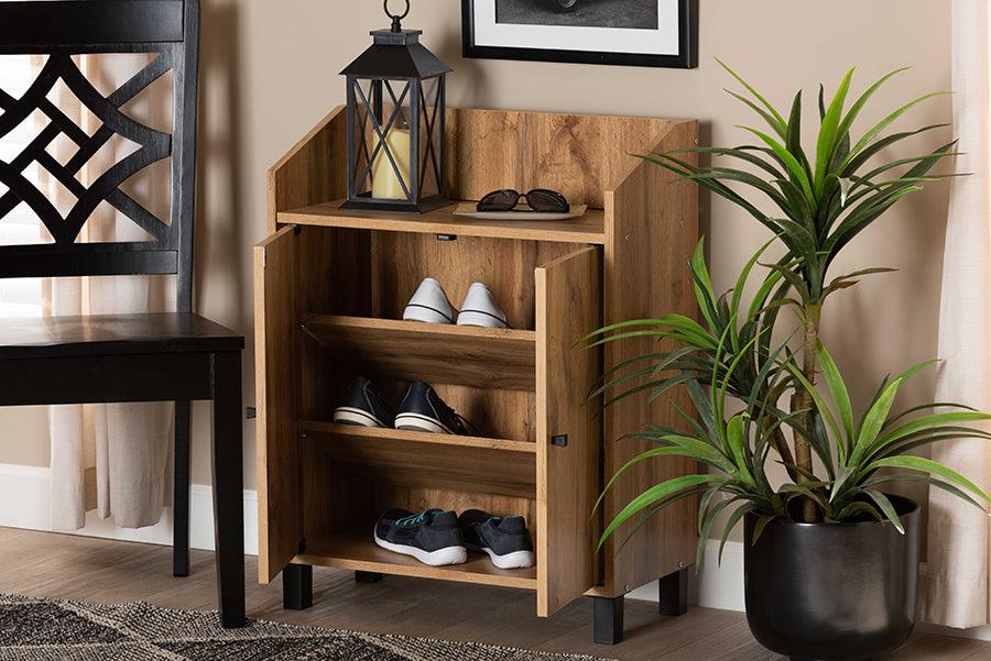 Wholesale Interiors Shoe Storage - Rossin Oak Brown Finished Wood 2-Door Entryway Shoe Storage Cabinet with Top Shelf