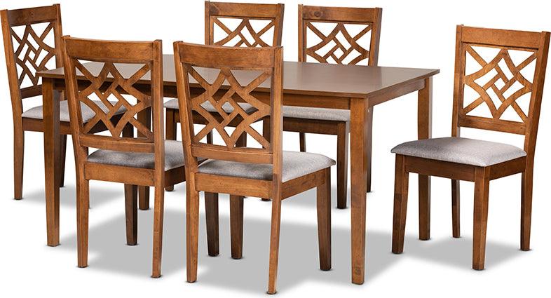 Wholesale Interiors Dining Sets - Nicolette Grey Fabric Upholstered and Walnut Brown Finished Wood 7-Piece Dining Set