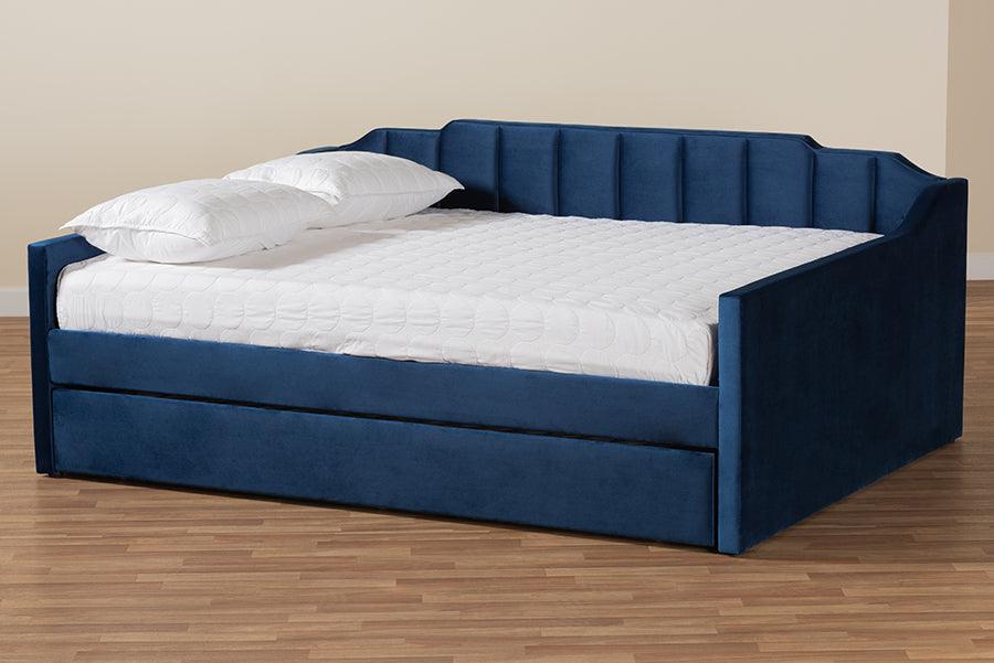 Wholesale Interiors Daybeds - Lennon Navy Blue Velvet Fabric Upholstered Queen Size Daybed with Trundle