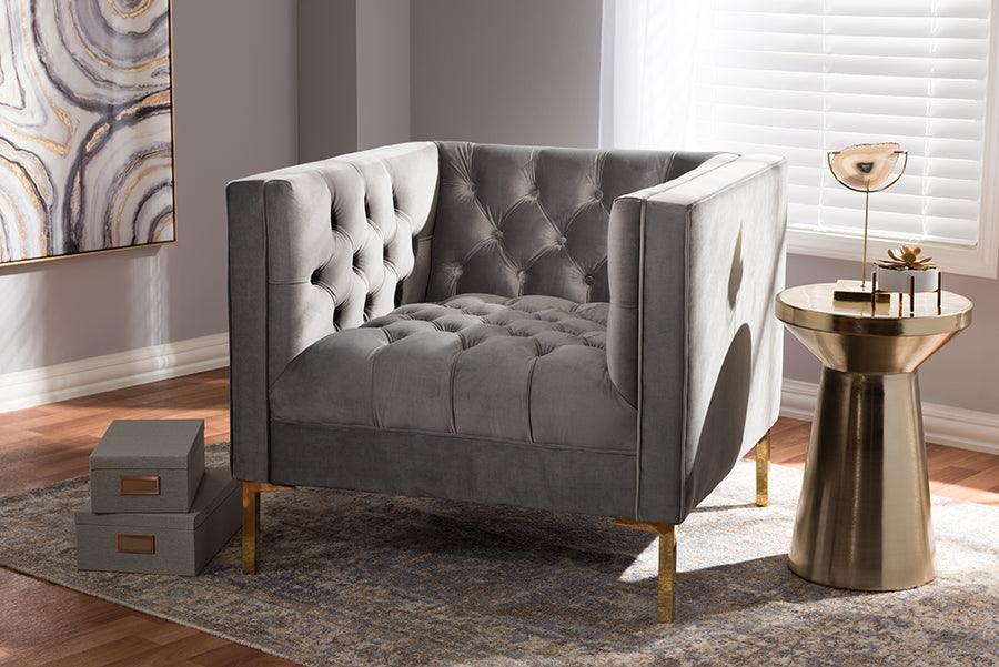 Wholesale Interiors Accent Chairs - Zanetta Luxe and Glamour Grey Velvet Upholstered Gold Finished Lounge Chair