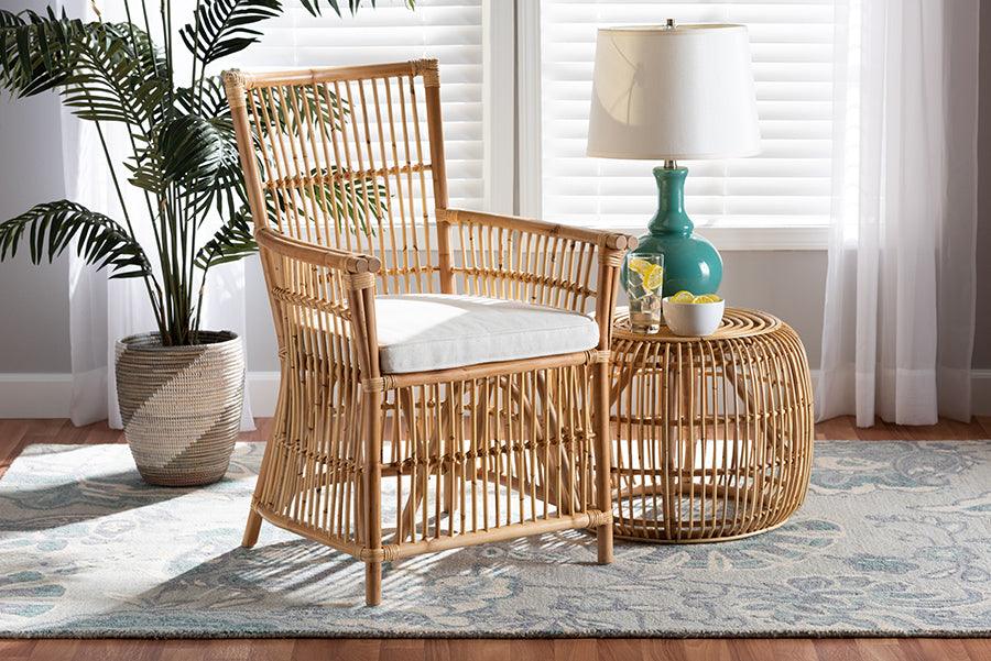Wholesale Interiors Accent Chairs - Rose Modern Bohemian White Fabric Upholstered and Natural Brown Rattan Armchair