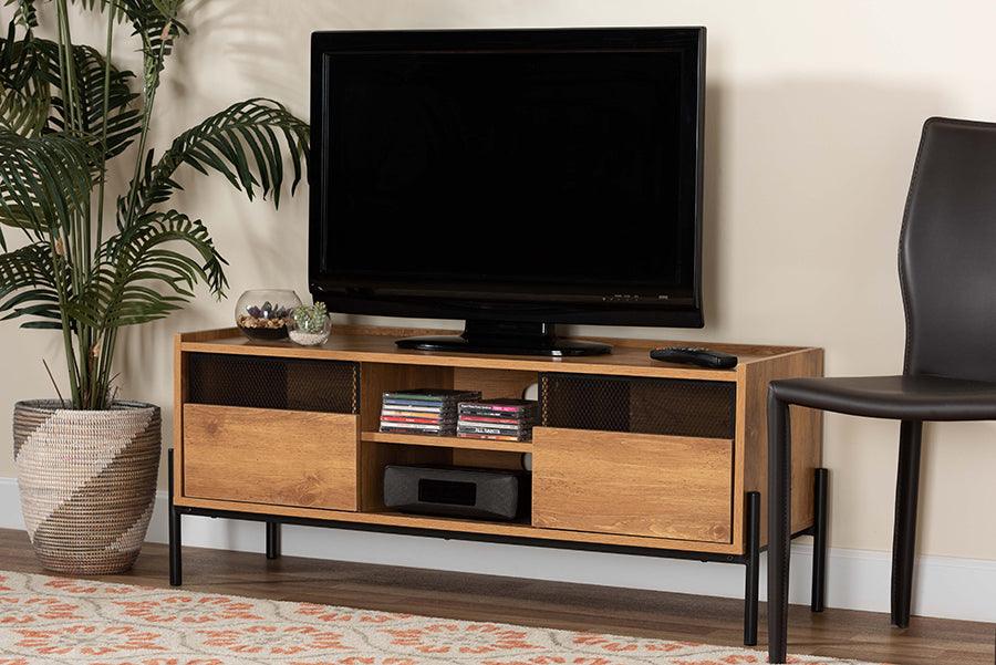 Wholesale Interiors TV & Media Units - Tasman Modern and Contemporary Natural Brown Wood and Black Metal 2-Door TV Stand